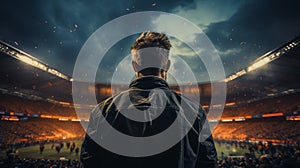 Back view man standing in a soccer stadium