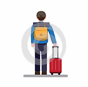 Back view of man travelling with backpack and suitcase, cartoon flat illustration vector isolated in white background