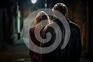 Back view of man walking behind woman in dark street at night