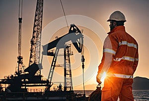 Back view of man wearing hardhat and protective overalls against background of pump jack of production company. Sunset