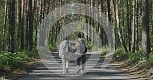 Back view of man and woman tourists walking in forest pointing at beautiful landscape on summer day