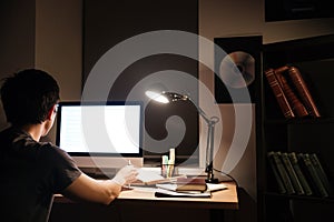 Back view of man working with blank screen computer