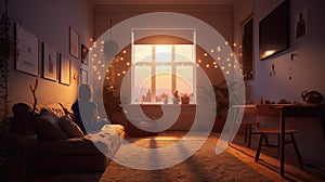 Back view of meditating woman in her cozy corner of living room at home