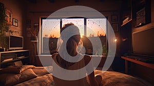 Back view of meditating woman in her cozy corner of living room at home