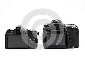 Back View of Mirrorless Camera and DSLR Camera Isolated on White