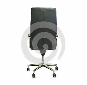 Back view of modern office chair from black leather. Isolated over white