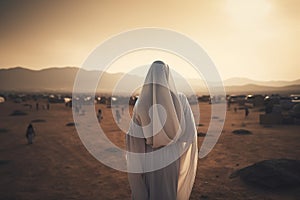 Back View of a Moslem Woman Pilgrim Wearing Hajj Clothes in Arabian Desert of Arafah photo