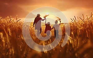 Back view of mother and children walking in row among the cornfield with wheat in hands up and silhouette in sunset