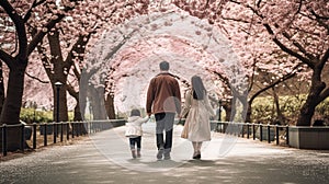 Back view of a mother, father and a baby walking at the park of cherry blossom. Generative AI