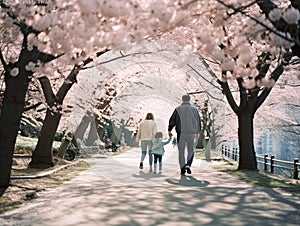 Back view of a mother, father and a baby walking at the park of cherry blossom. Generative AI