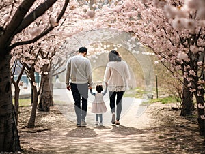 Back view of a mother, father and a baby walking at the park of cherry blossom. Generative AI