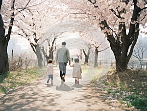 Back view of a mother, father and a baby walking at the park of cherry blossom. Generative AI