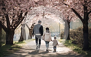 Back view of a mother, father and a baby walking at the park of cherry blossom. Generative AI