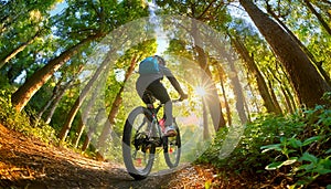 Back view of a Mountain Bike Cyclist Riding Through the Forest - Generative Ai