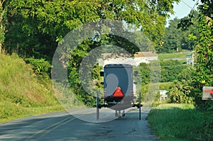 Back view of moving Amish horse and buggy