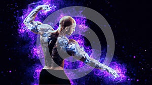 Back view of a muscular body builder flexing his muscles with energy lights on hands concept