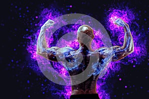 Back view of a muscular body builder flexing his muscles with energy lights on hands concept