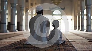 Back View of a muslim father and son praying in mosque, islamic concept, ramadan praying