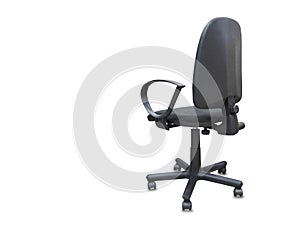 Back view of office chair from black cloth. Isolated