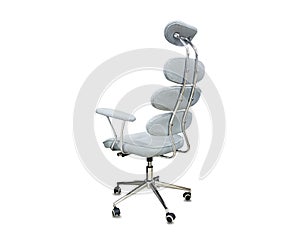 Back view of office chair from gray cloth isolated over white