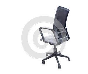 Back view of office chair from grey cloth. Isolated