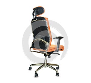 Back view of office chair from orange cloth. Isolated