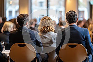 Back view panelists executive panel discussion business event