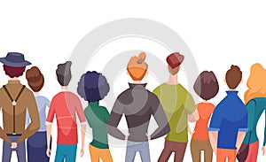 Back view people. standing crowd of male and female persons. Vector cartoon people