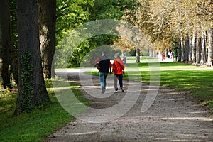 Back view of people walking in a beautiful park in Schwetzingen, Germany