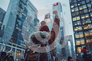 Back view of person raising fist amid city skyscrapers