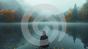 Back view of person sitting alone on a rock at foggy autumn lake. Digital detox, personal time. Photo