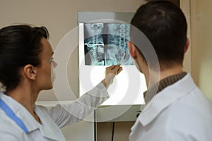 Back view: picture of two doctors exploring spinal x-ray