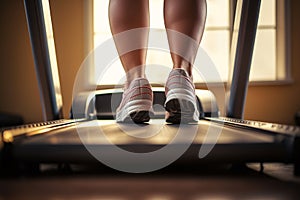 Back view of plus size women legs running on treadmill in fitness studio