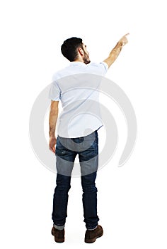 Back view of pointing young men in shirt and jeans