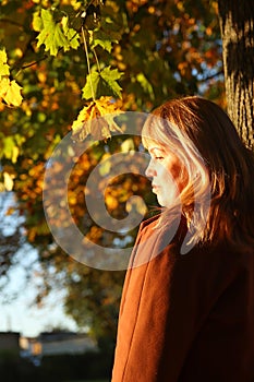 Back view portrait of elegance Caucasian blonde woman in colorful yellow maple autumn park. Bright stylish woman in coat