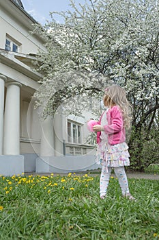 Back view portrait of little girl at classic portico and fruit tree garden in full bloom background