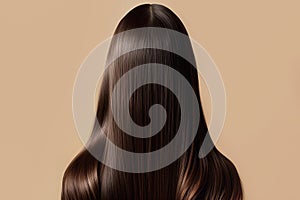 Back view portrait of young woman with long smooth straight brown hair.