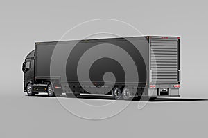 Back View Of Powerful Black Semi Truck With Empty Space On Refrigerator For Long Haul Delivery. 3d rendering