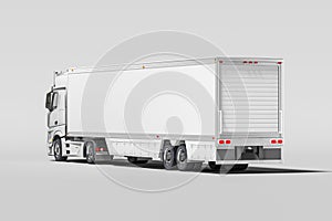 Back View Of Powerful White Semi Truck With Empty Space On Refrigerator For Long Haul Delivery. 3d rendering