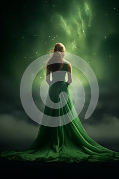 back view of a pretty young woman wearing a long flowing green dress