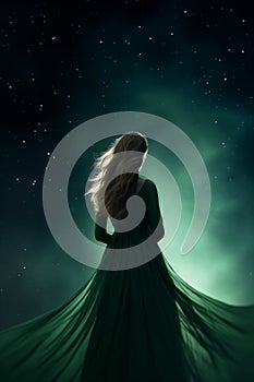 back view of a pretty young woman wearing a long flowing green dress