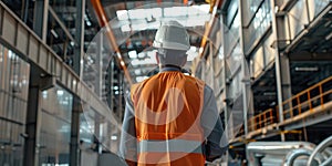 Back view of professional engineer manager man in a protective vest and helmet visits a factory