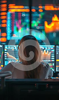 back view of professional female trader looking at monitor with stock exchange graph or chart, woman trading forex or