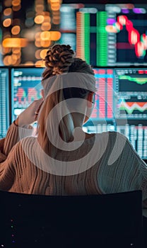 back view of professional female trader looking at monitor with stock exchange graph or chart, woman trading forex or