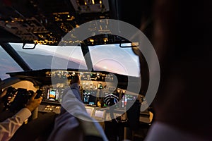 back view of professionals piloting airplane