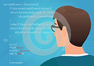 Back view of programmer working on a code vector illustration.
