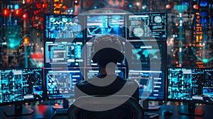 Back View of a Programmer Working on Dual-Monitor Setup in Modern Office. This is AI generative image.