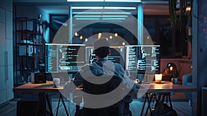 Back View of a Programmer Working on Dual-Monitor Setup in Modern Office. This is AI generative image.