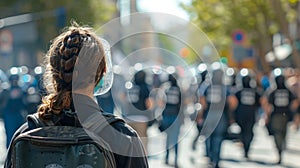 Back view protester amid street protests, police in background, civil unrest scene