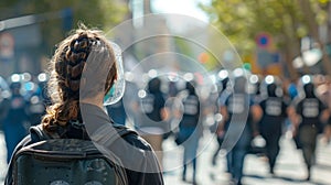 Back view protester amid street protests, police in background, civil unrest scene photo